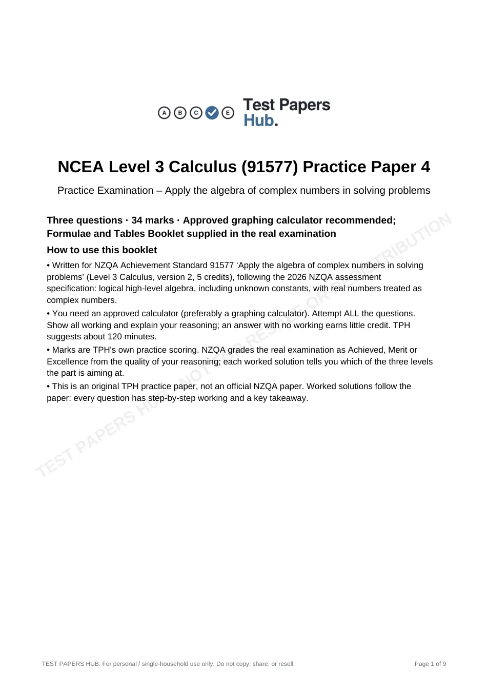 Cover page of NCEA Level 3 Calculus 91577 Complex Practice Paper 4