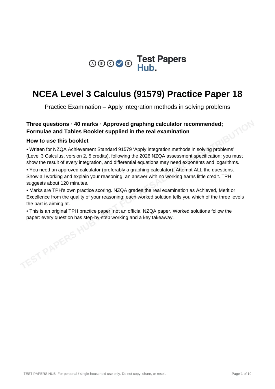 Cover page of NCEA Level 3 Calculus 91579 Integration Practice Paper 18