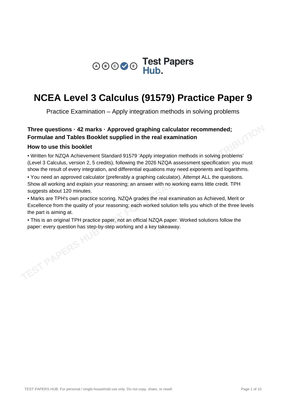 Cover page of NCEA Level 3 Calculus 91579 Integration Practice Paper 9