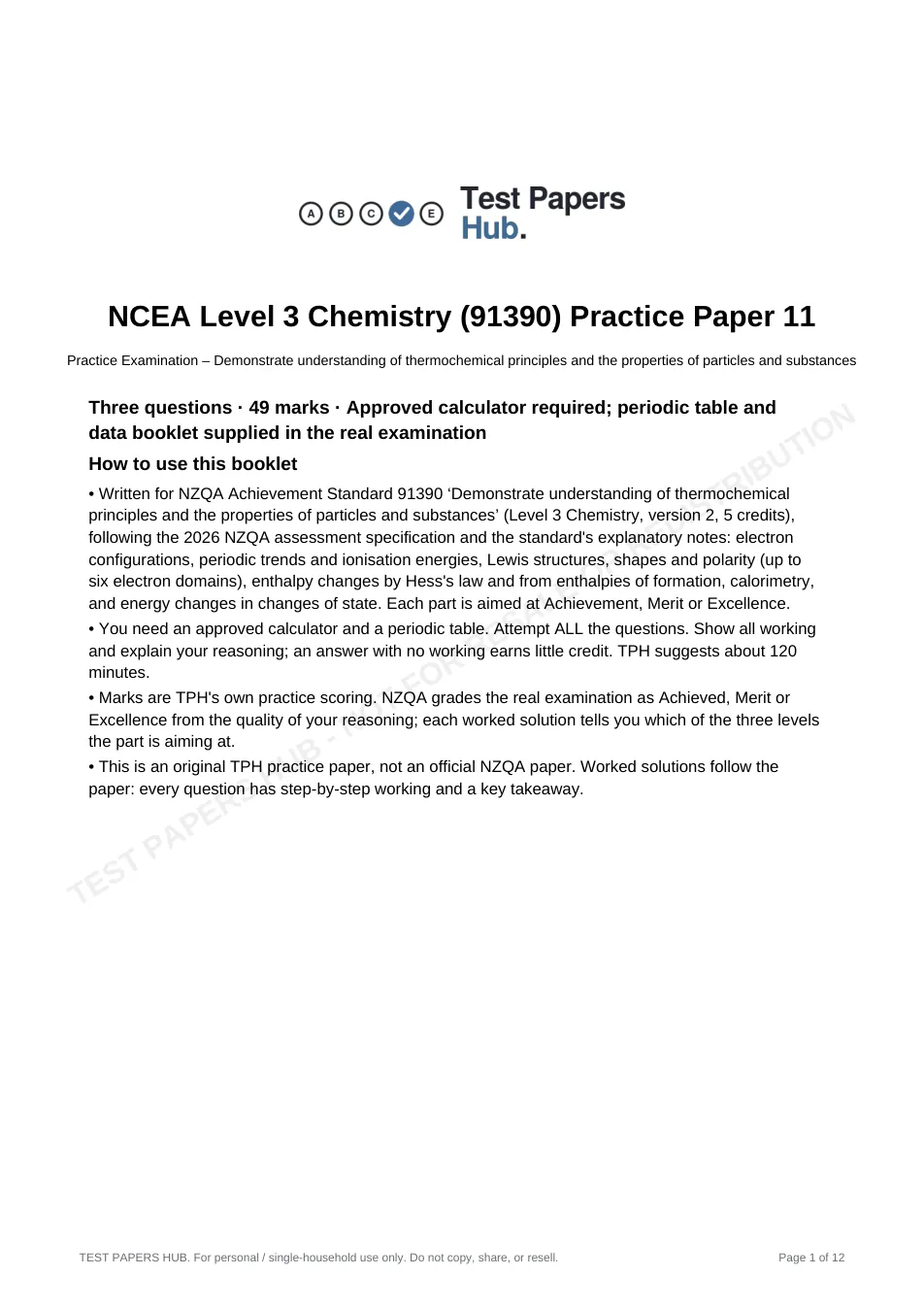 Cover page of NCEA Level 3 Chemistry 91390 Thermochem Practice Paper 11