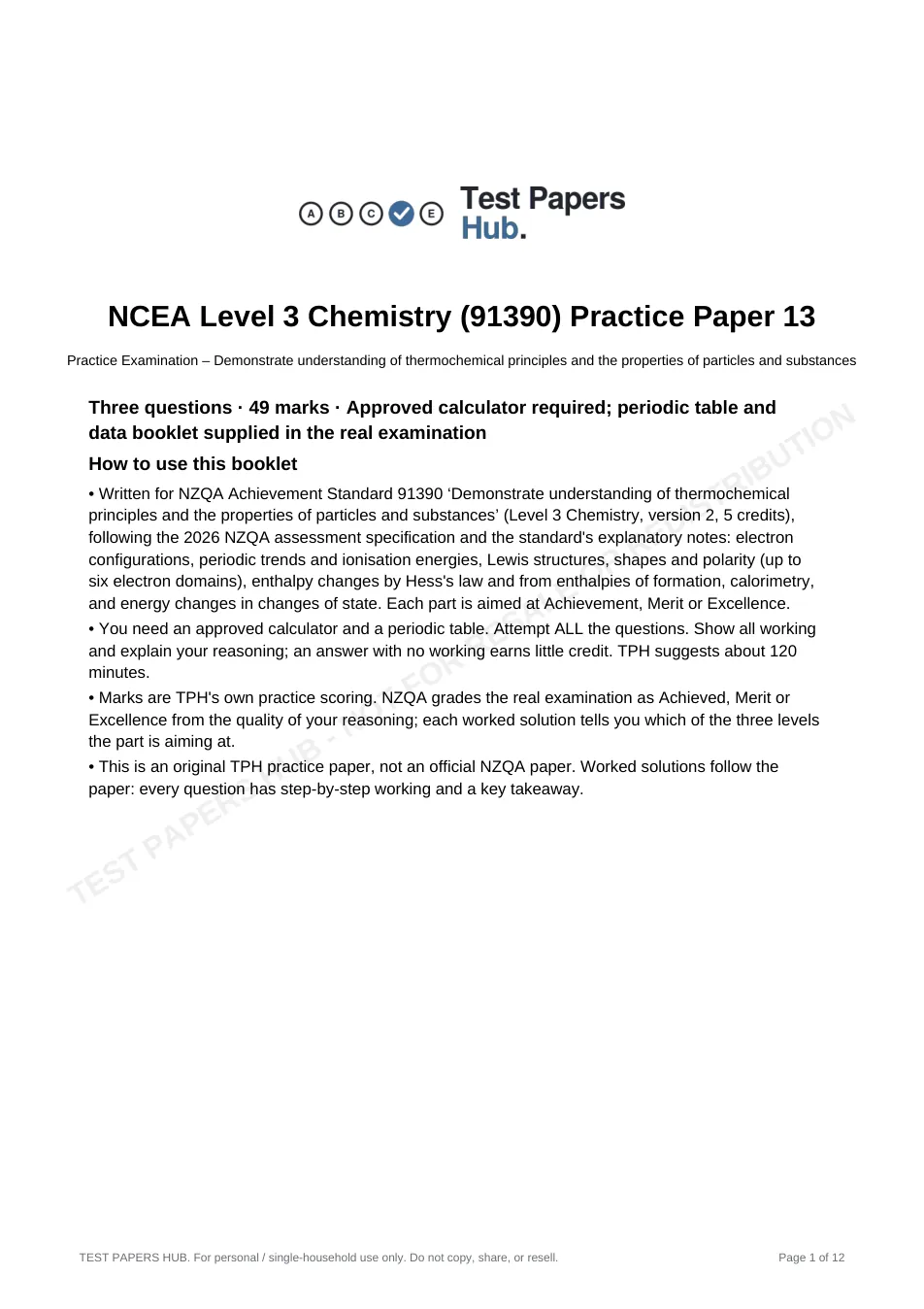 Cover page of NCEA Level 3 Chemistry 91390 Thermochem Practice Paper 13
