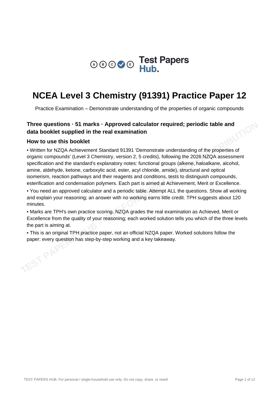 Cover page of NCEA Level 3 Chemistry 91391 Organic Practice Paper 12