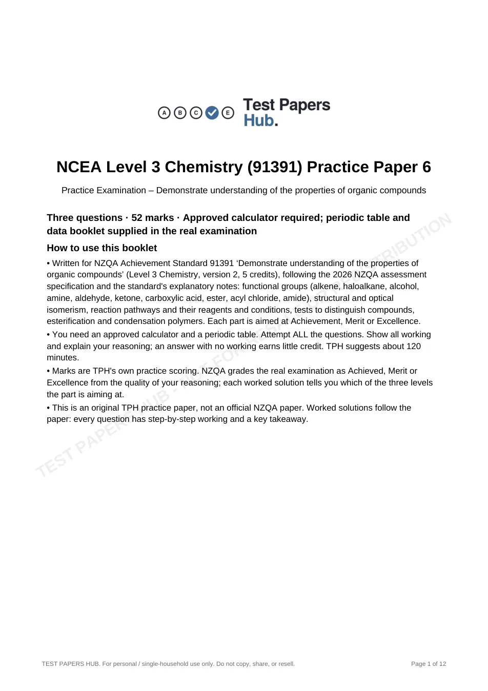 Cover page of NCEA Level 3 Chemistry 91391 Organic Practice Paper 6