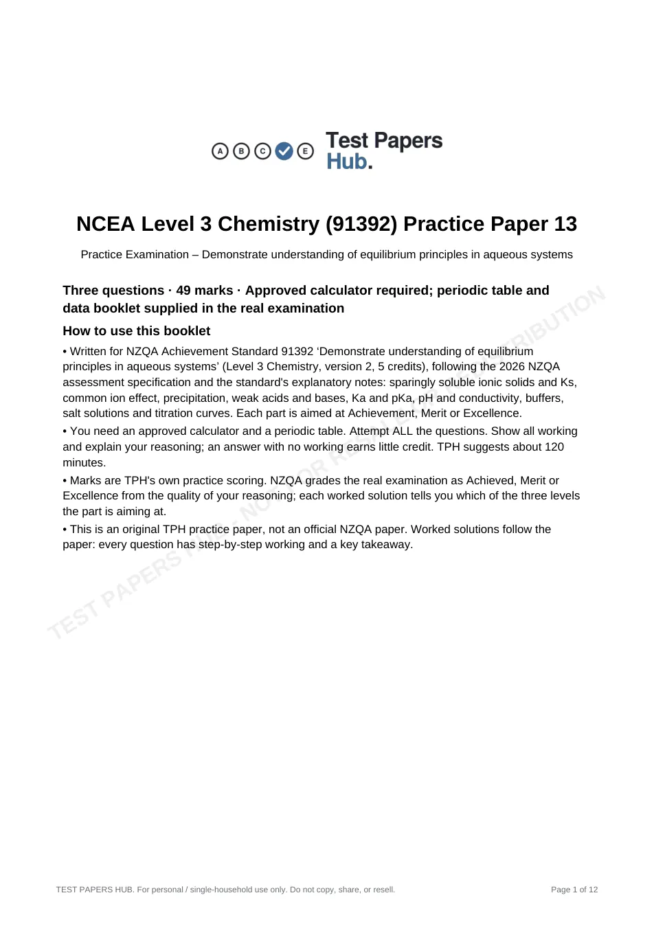 Cover page of NCEA Level 3 Chemistry 91392 Equilibrium Practice Paper 13