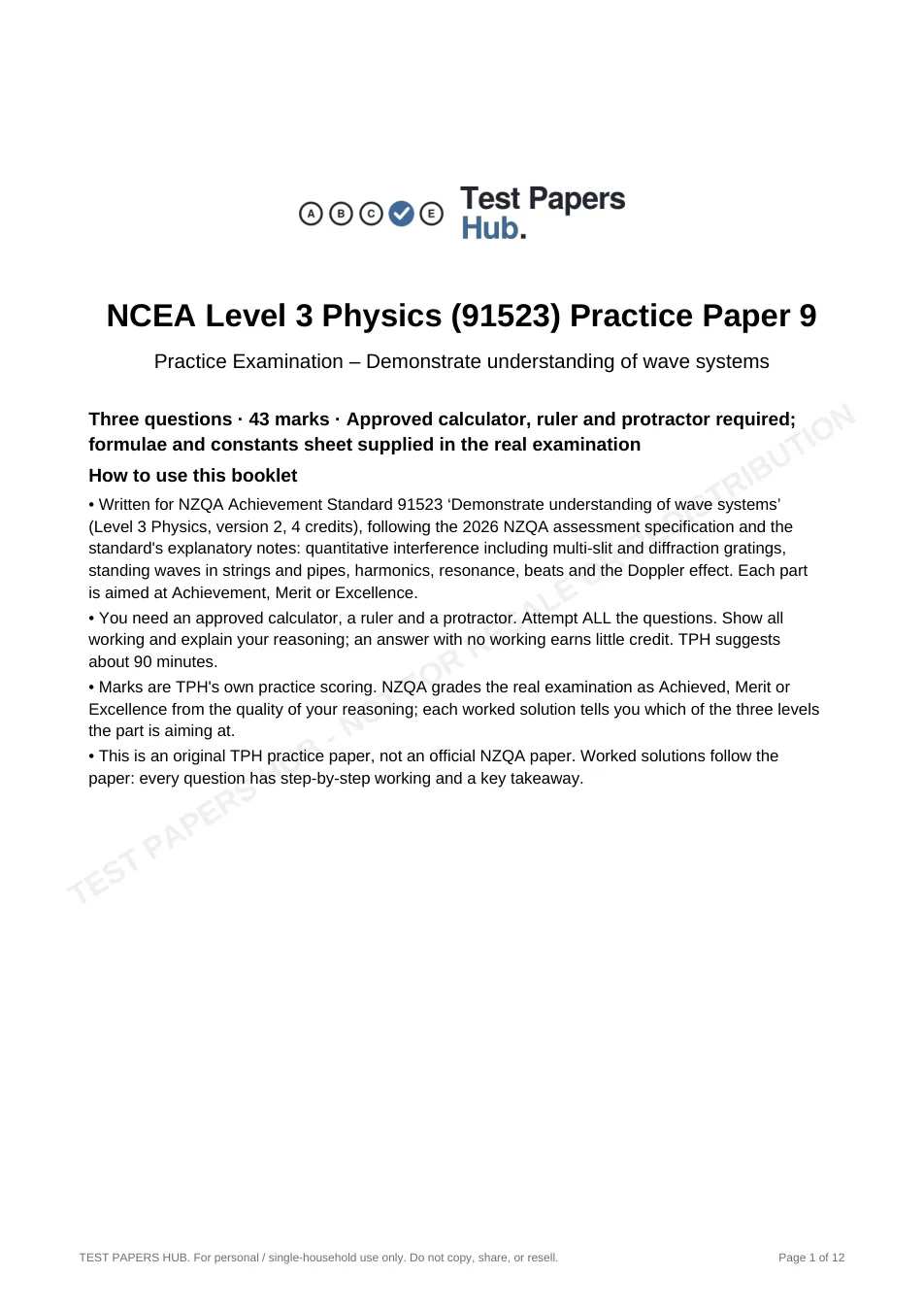 Cover page of NCEA Level 3 Physics 91523 Wave Systems Practice Paper 9