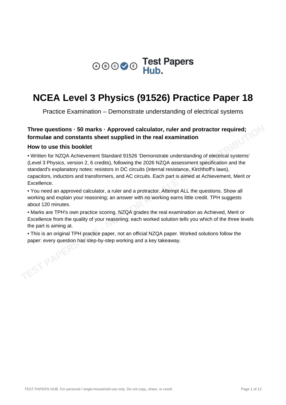Cover page of NCEA Level 3 Physics 91526 Electricity Practice Paper 18
