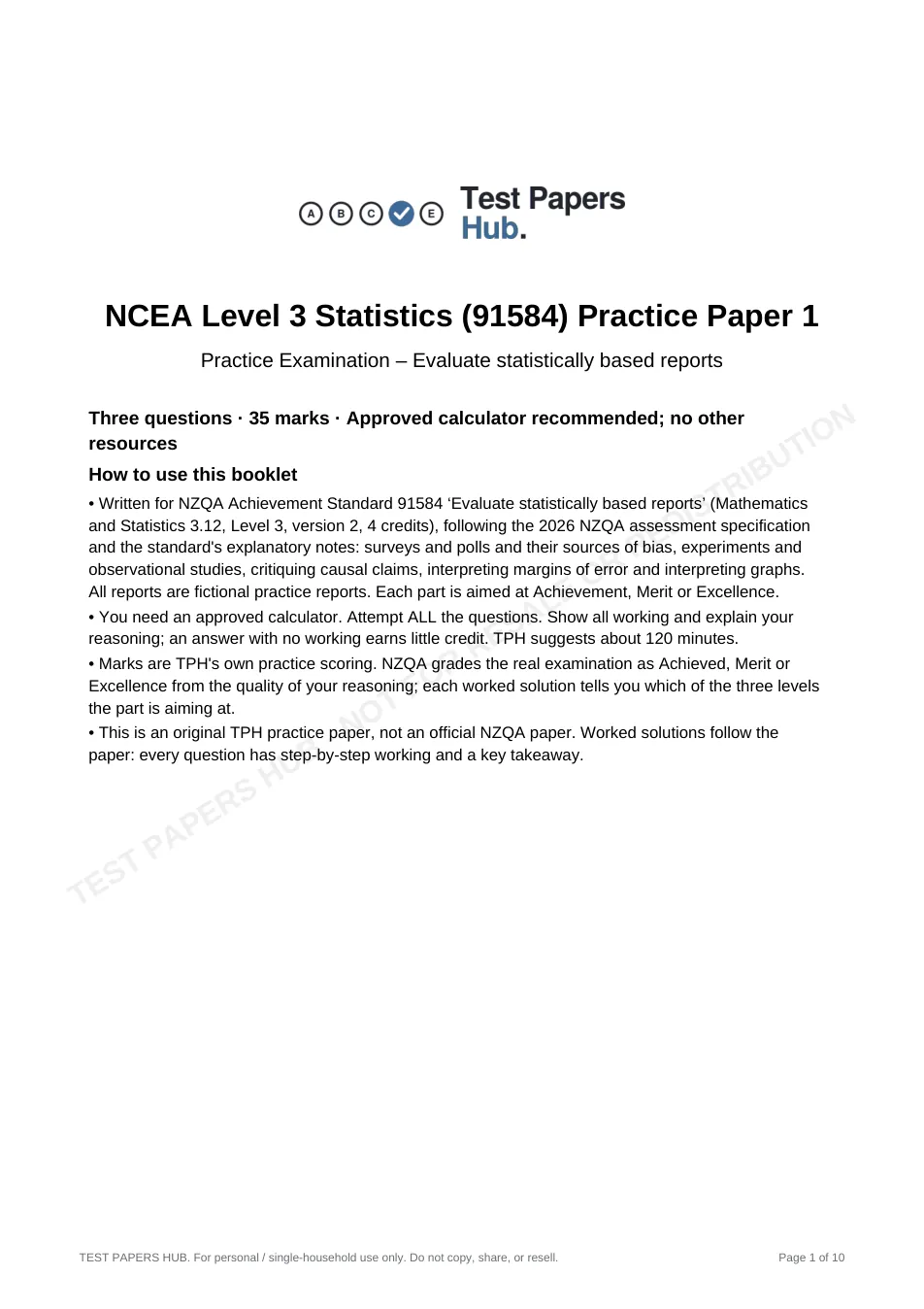 Cover page of NCEA Level 3 Statistics 91584 Reports Practice Paper 1