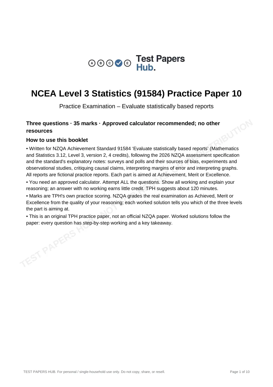 Cover page of NCEA Level 3 Statistics 91584 Reports Practice Paper 10