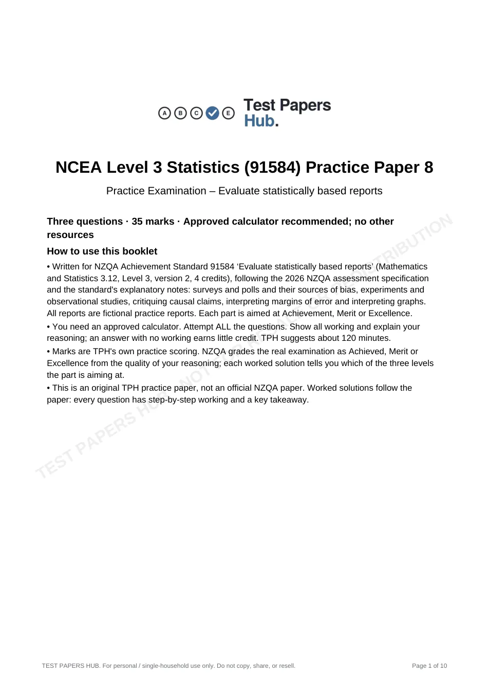 Cover page of NCEA Level 3 Statistics 91584 Reports Practice Paper 8