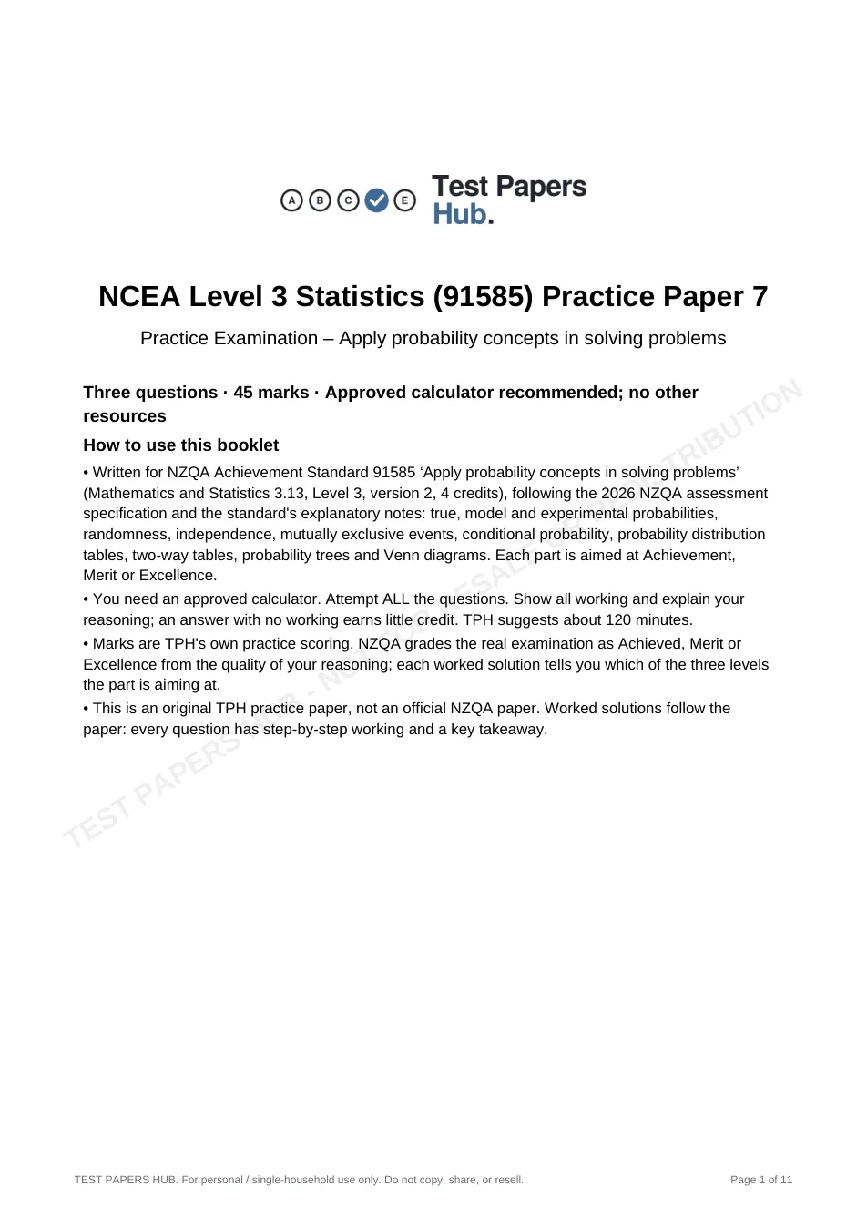 Cover page of NCEA Level 3 Statistics 91585 Probability Practice Paper 7