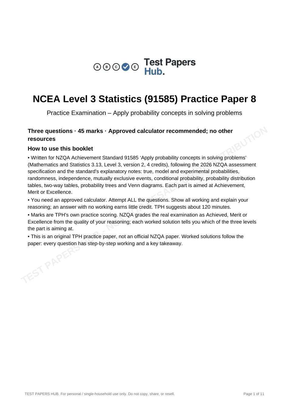 Cover page of NCEA Level 3 Statistics 91585 Probability Practice Paper 8