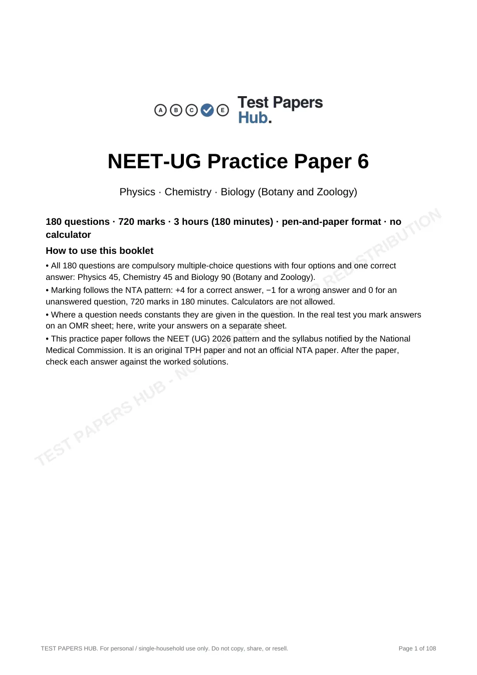 Cover page of NEET UG Practice Paper 6