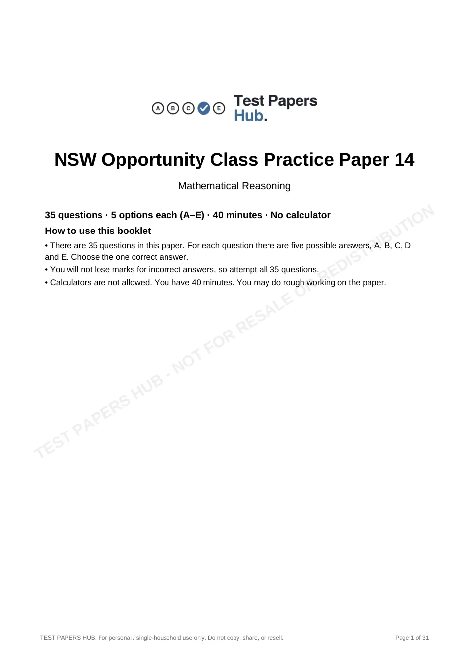 Cover page of NSW OC Mathematical Reasoning Practice Paper 14