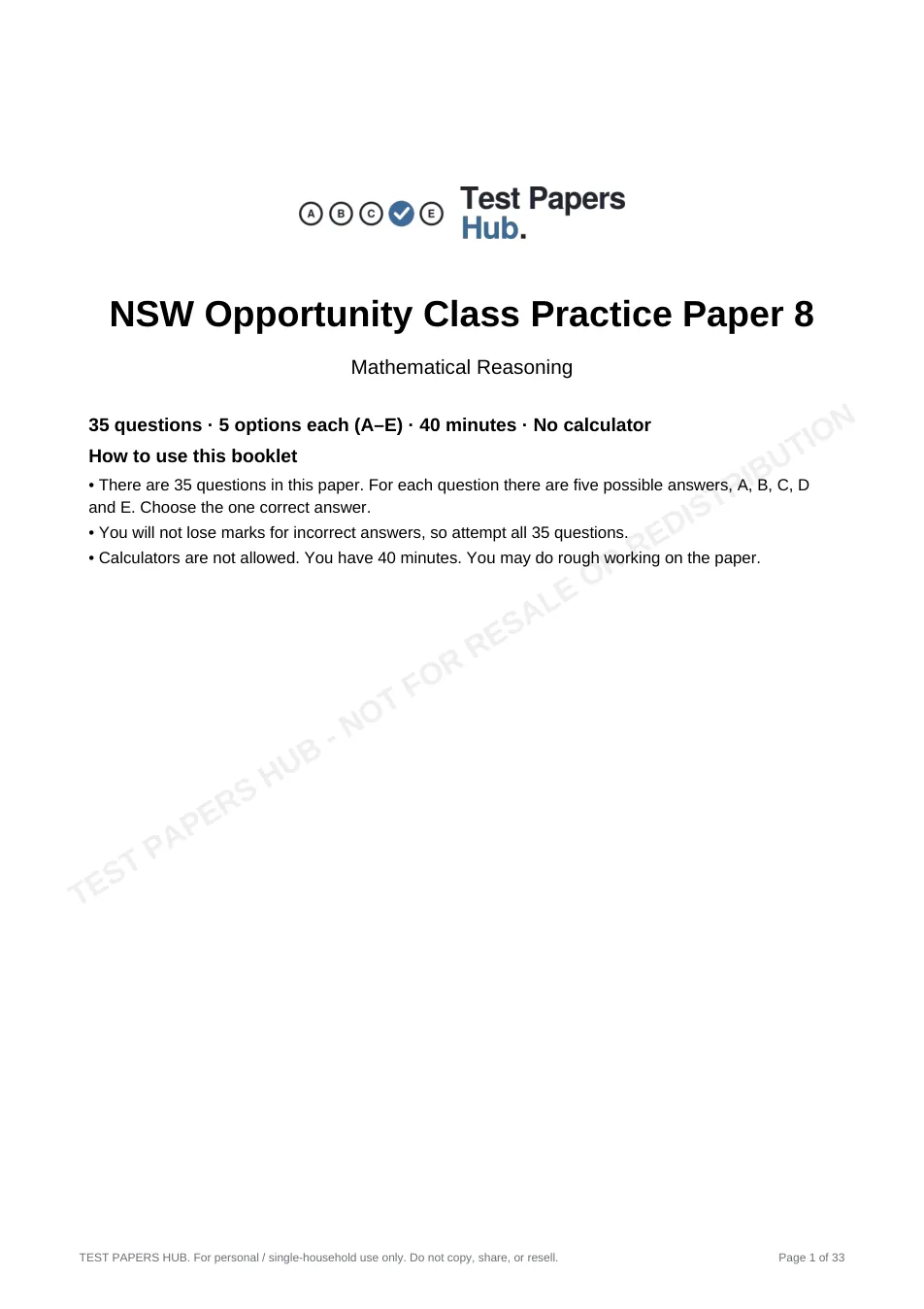 Cover page of NSW OC Mathematical Reasoning Practice Paper 8