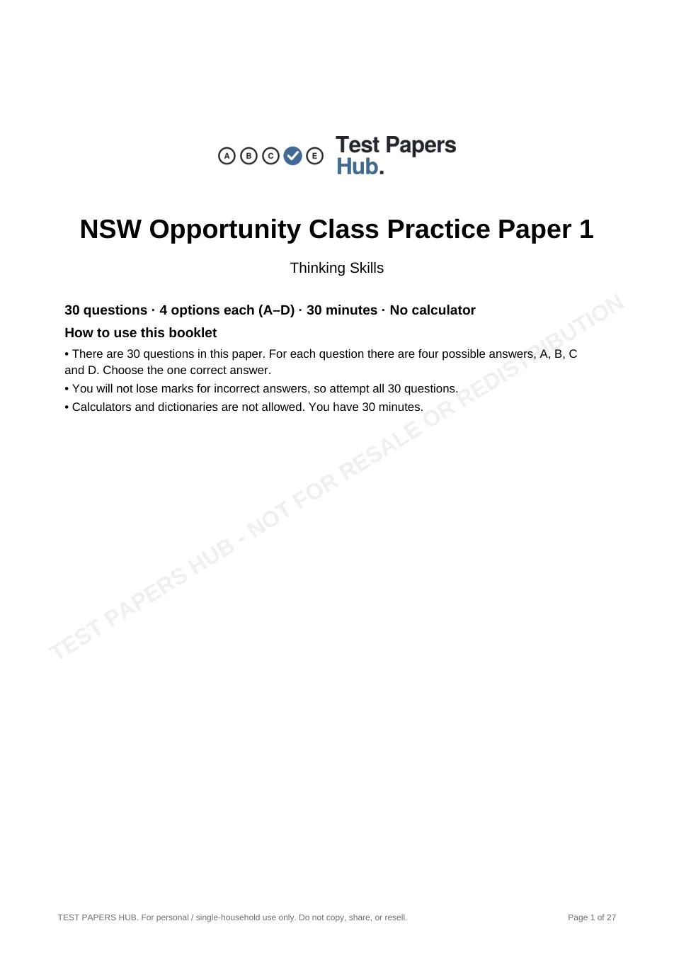 Cover page of NSW OC Thinking Skills Practice Paper 1