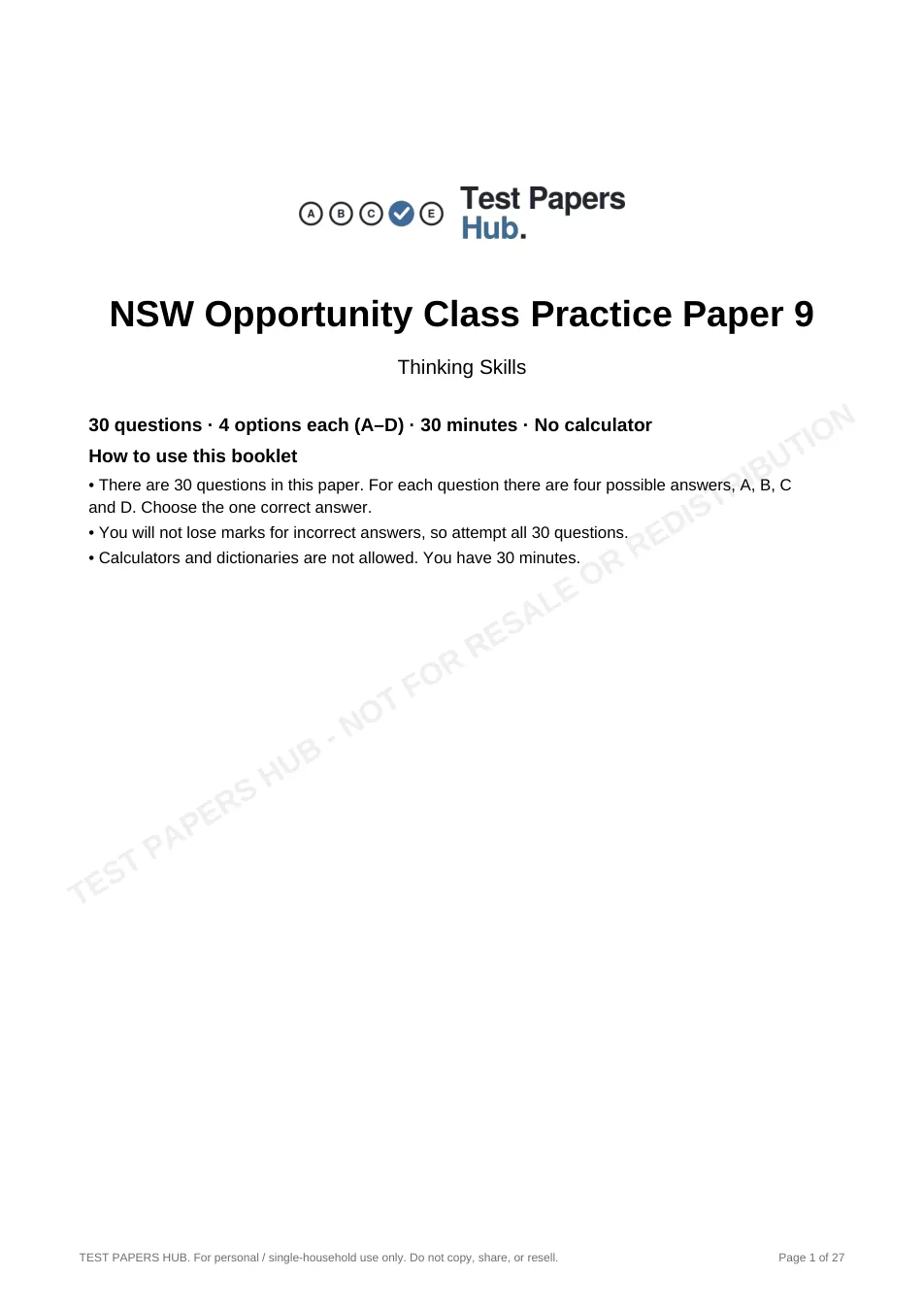 Cover page of NSW OC Thinking Skills Practice Paper 9