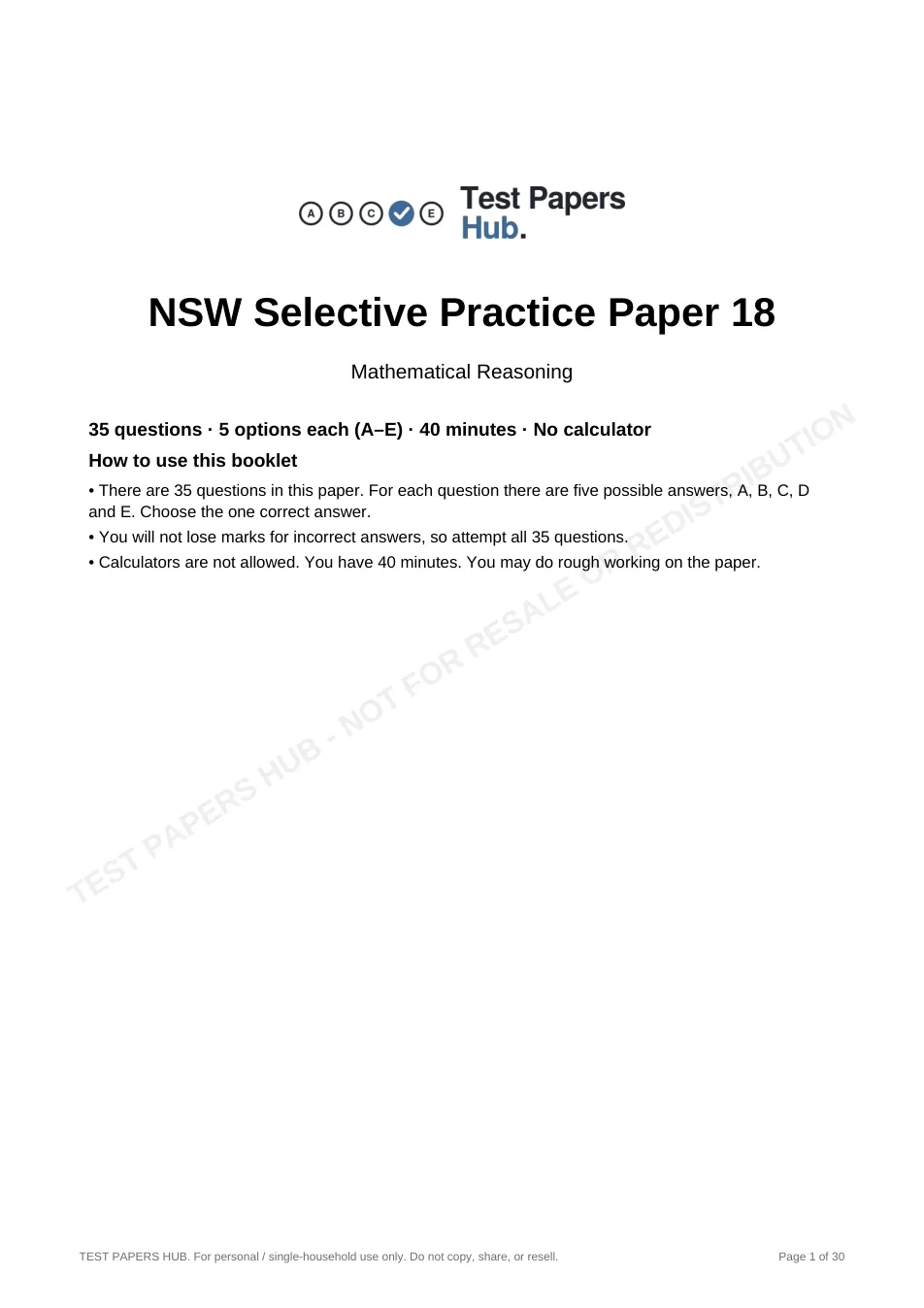 Cover page of NSW Selective Mathematical Reasoning Practice Paper 18
