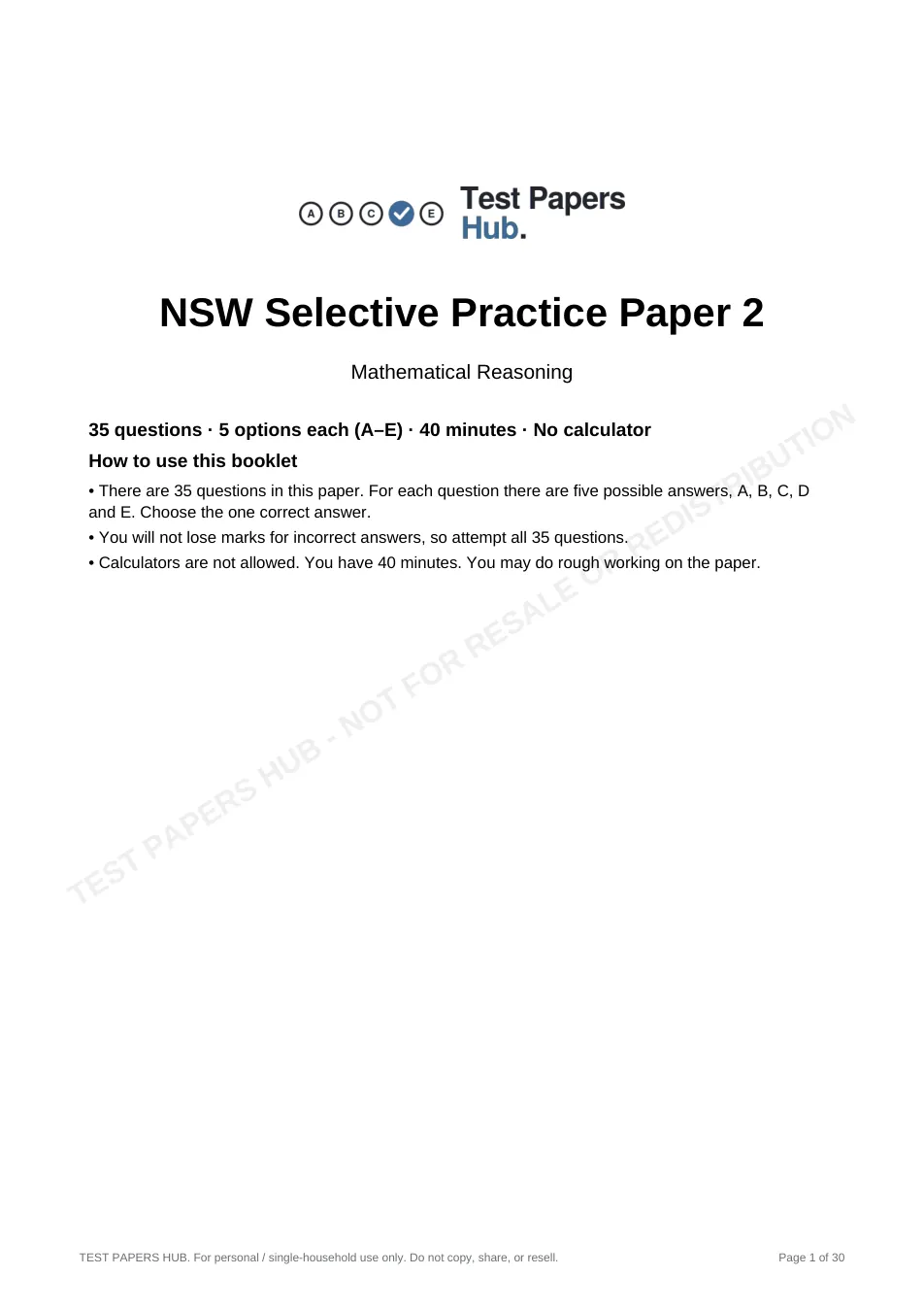 Cover page of NSW Selective Mathematical Reasoning Practice Paper 2