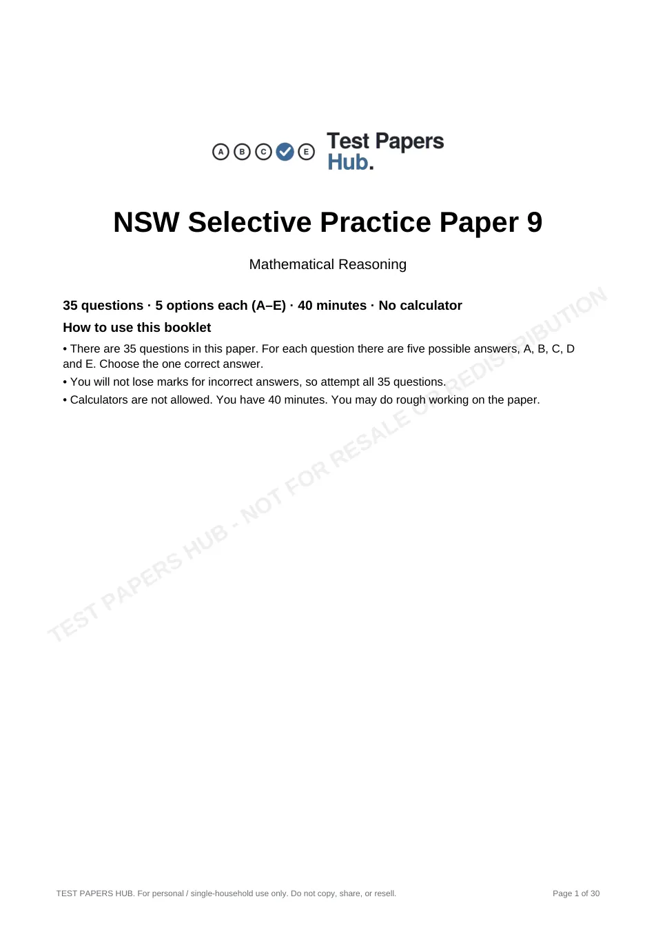 Cover page of NSW Selective Mathematical Reasoning Practice Paper 9