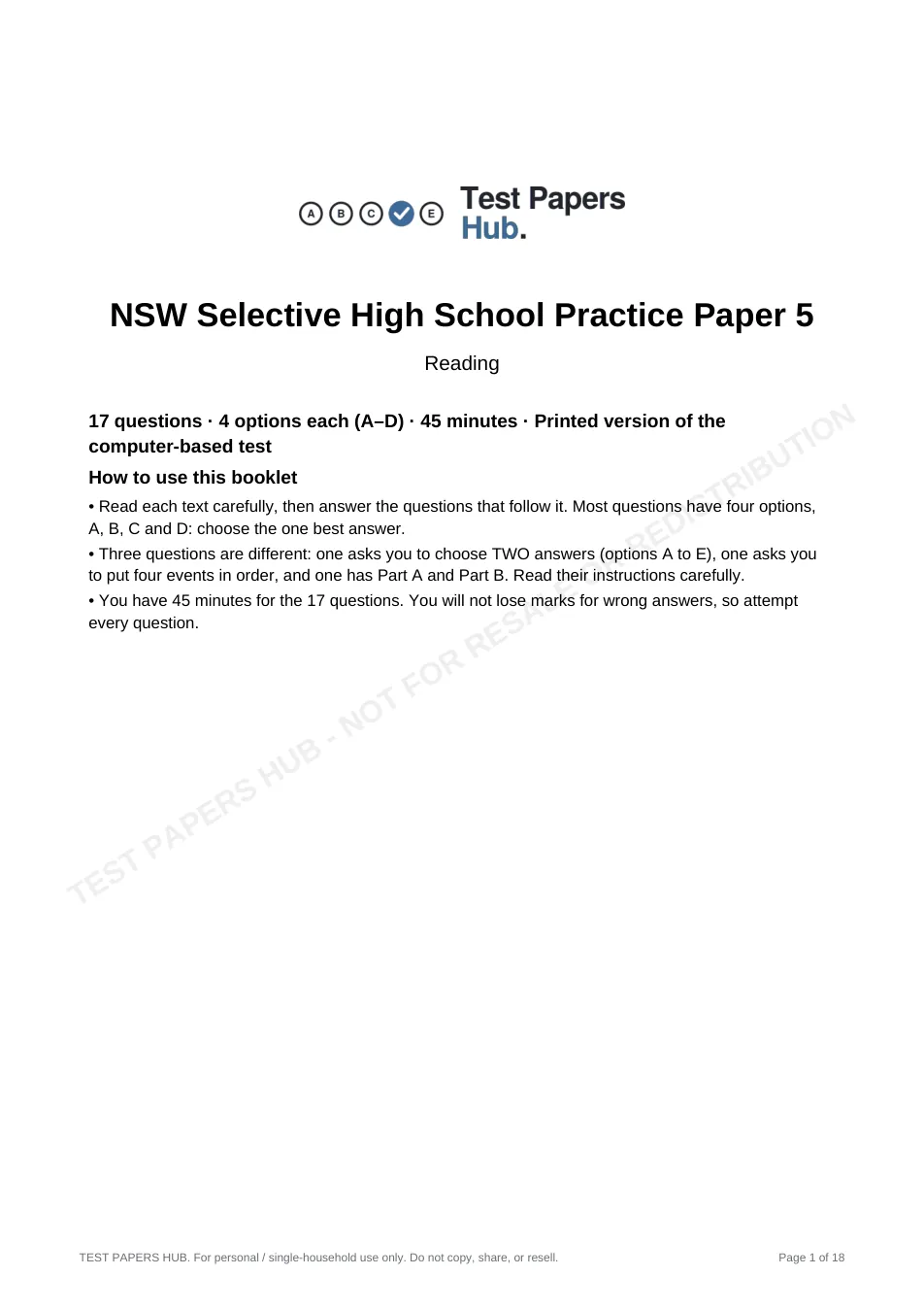 Cover page of NSW Selective Reading Comprehension Practice Paper 5