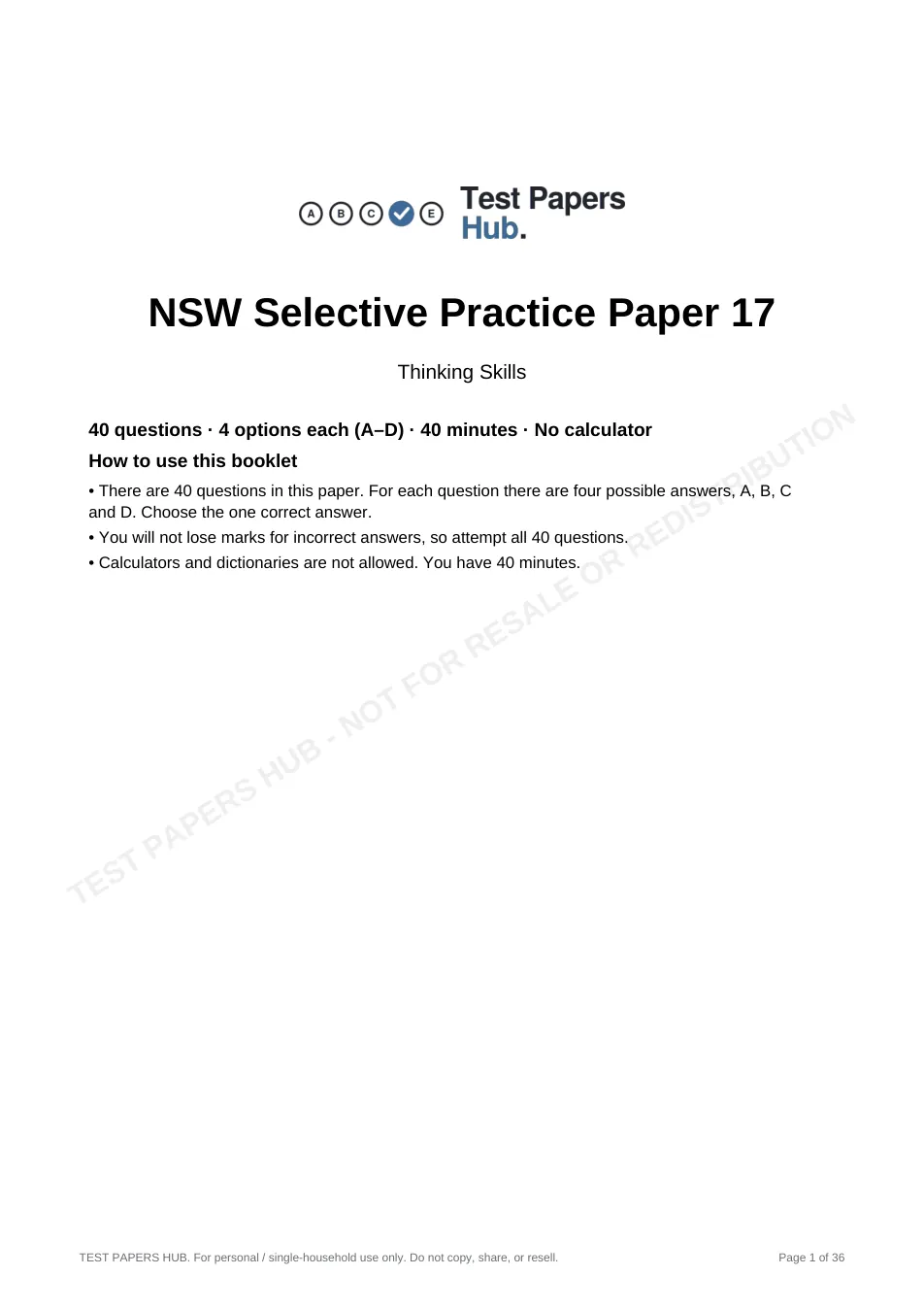 Cover page of NSW Selective Thinking Skills Practice Paper 17