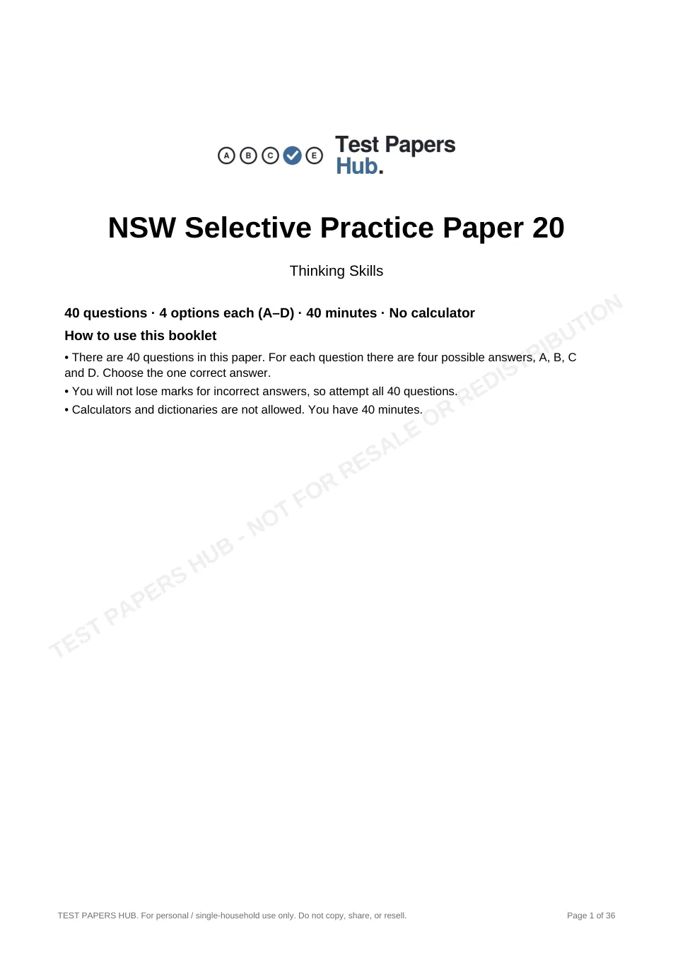 Cover page of NSW Selective Thinking Skills Practice Paper 20