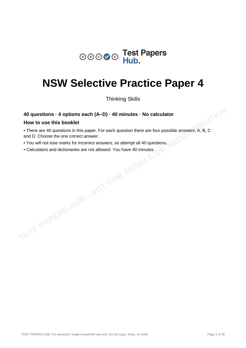 Cover page of NSW Selective Thinking Skills Practice Paper 4