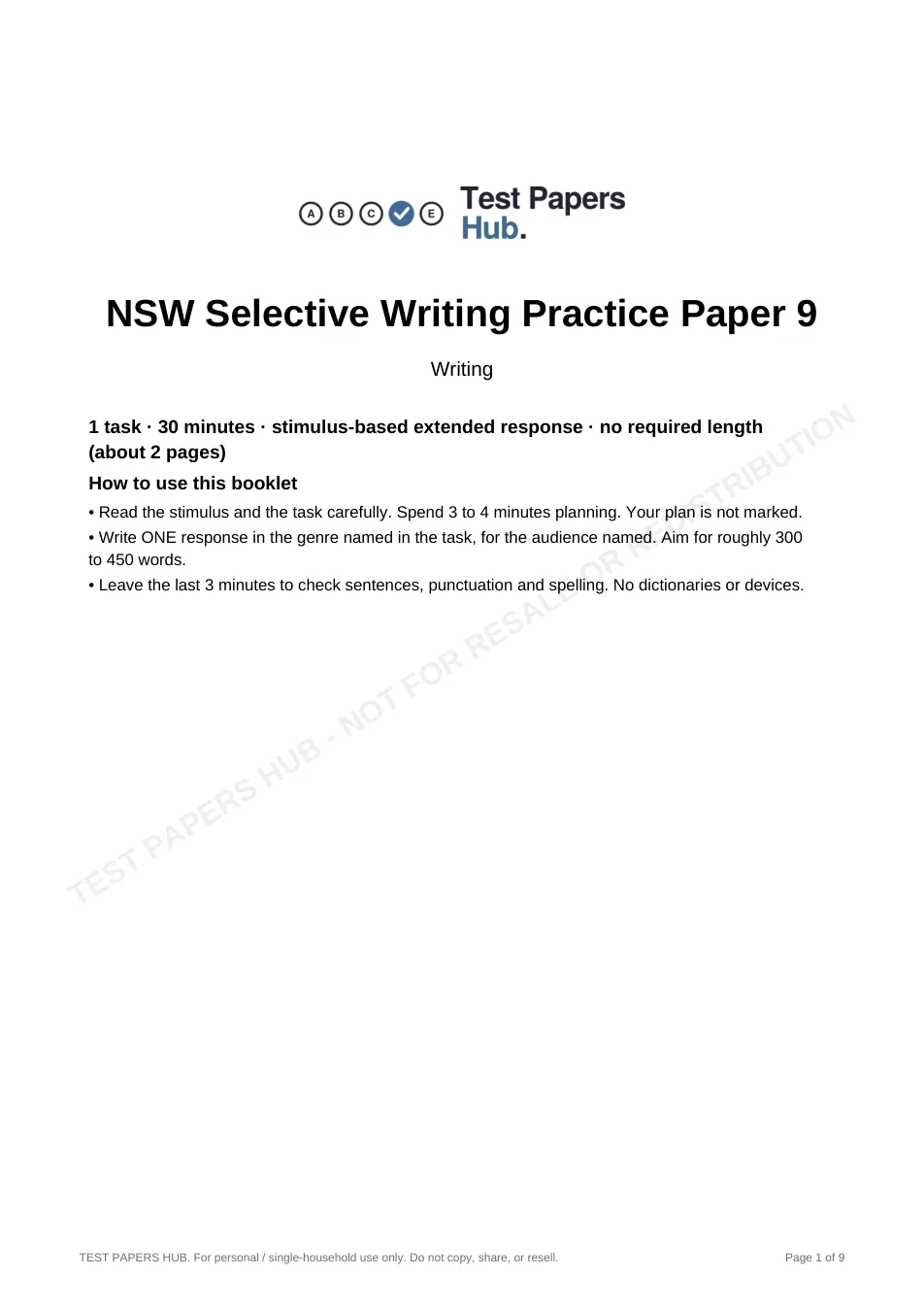Cover page of NSW Selective Writing Practice Paper 9
