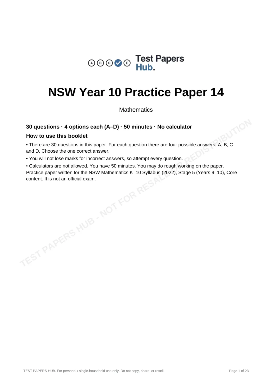 Cover page of NSW Year 10 Maths Practice Paper 14