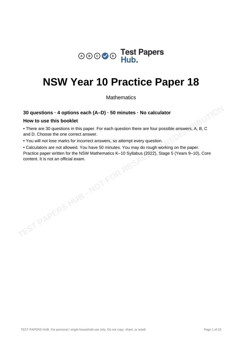 Cover page of NSW Year 10 Maths Practice Paper 18