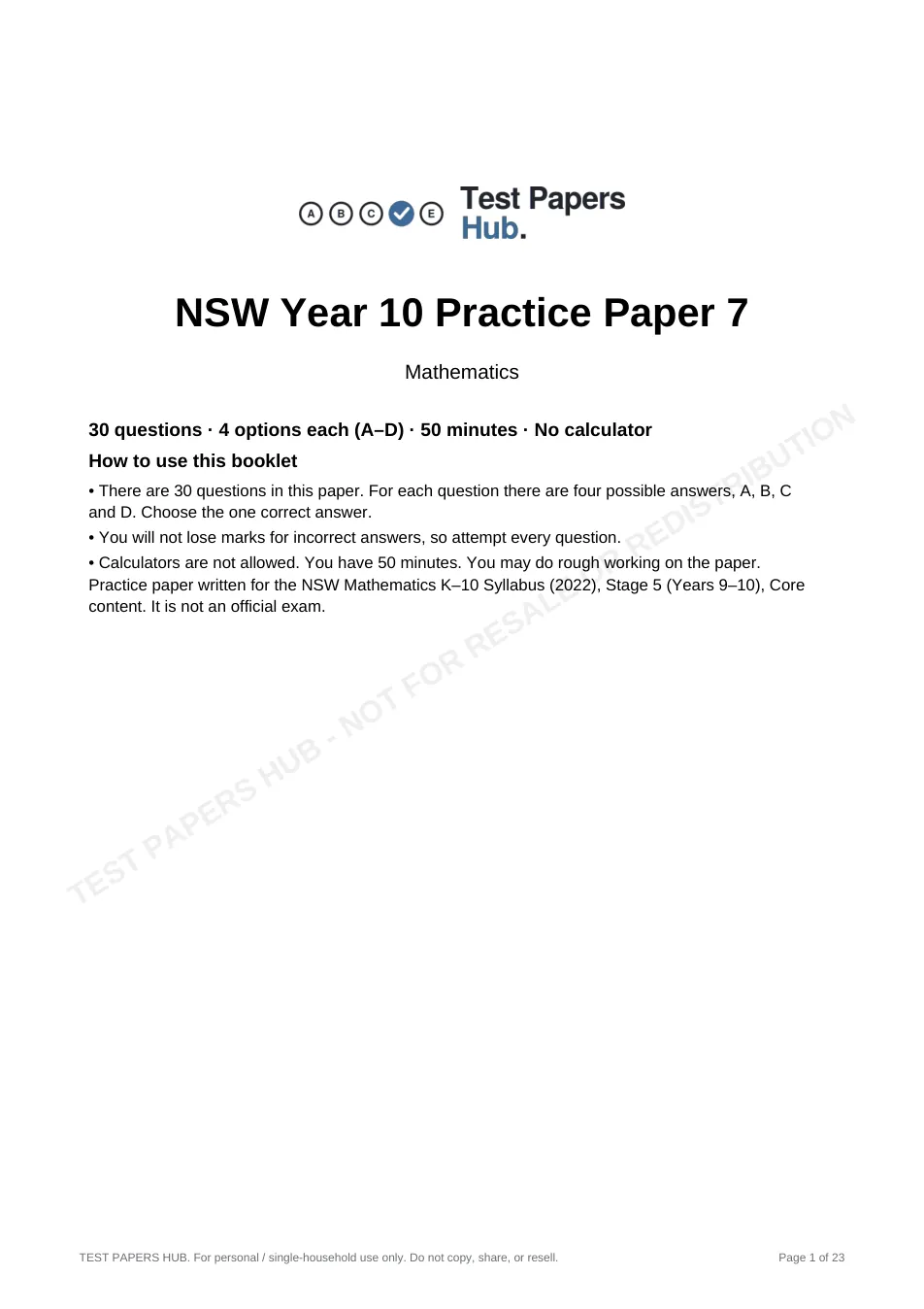 Cover page of NSW Year 10 Maths Practice Paper 7