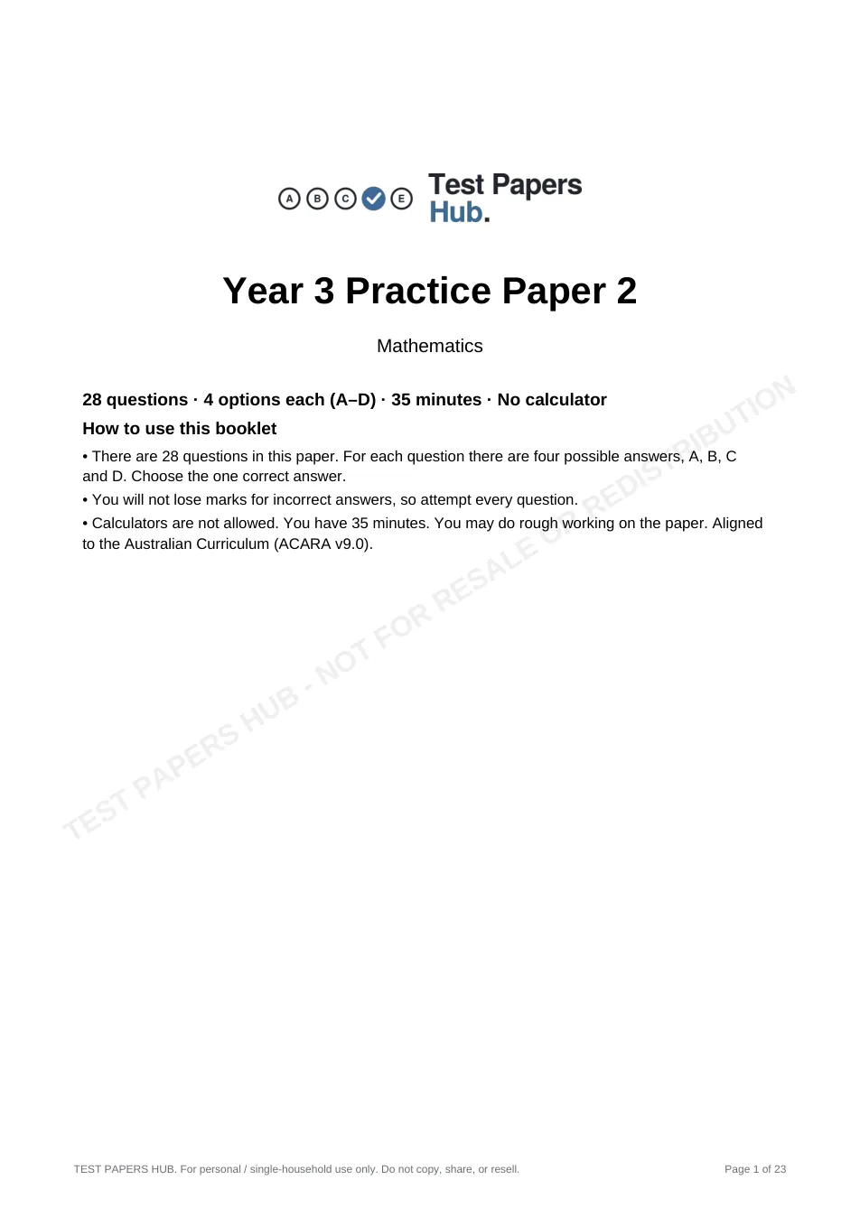 Cover page of NSW Year 3 Maths Practice Paper 2