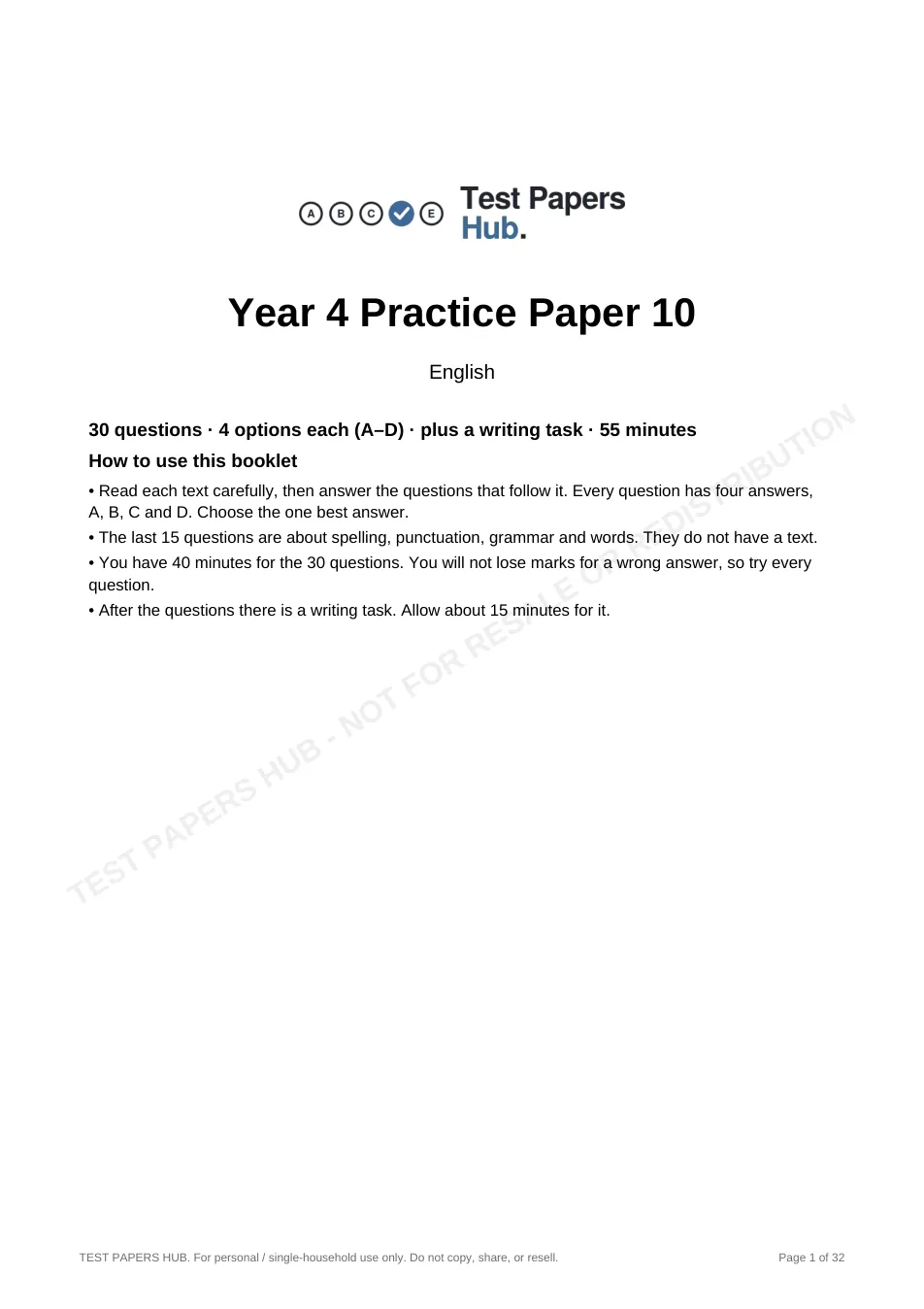 Cover page of NSW Year 4 English Practice Paper 10