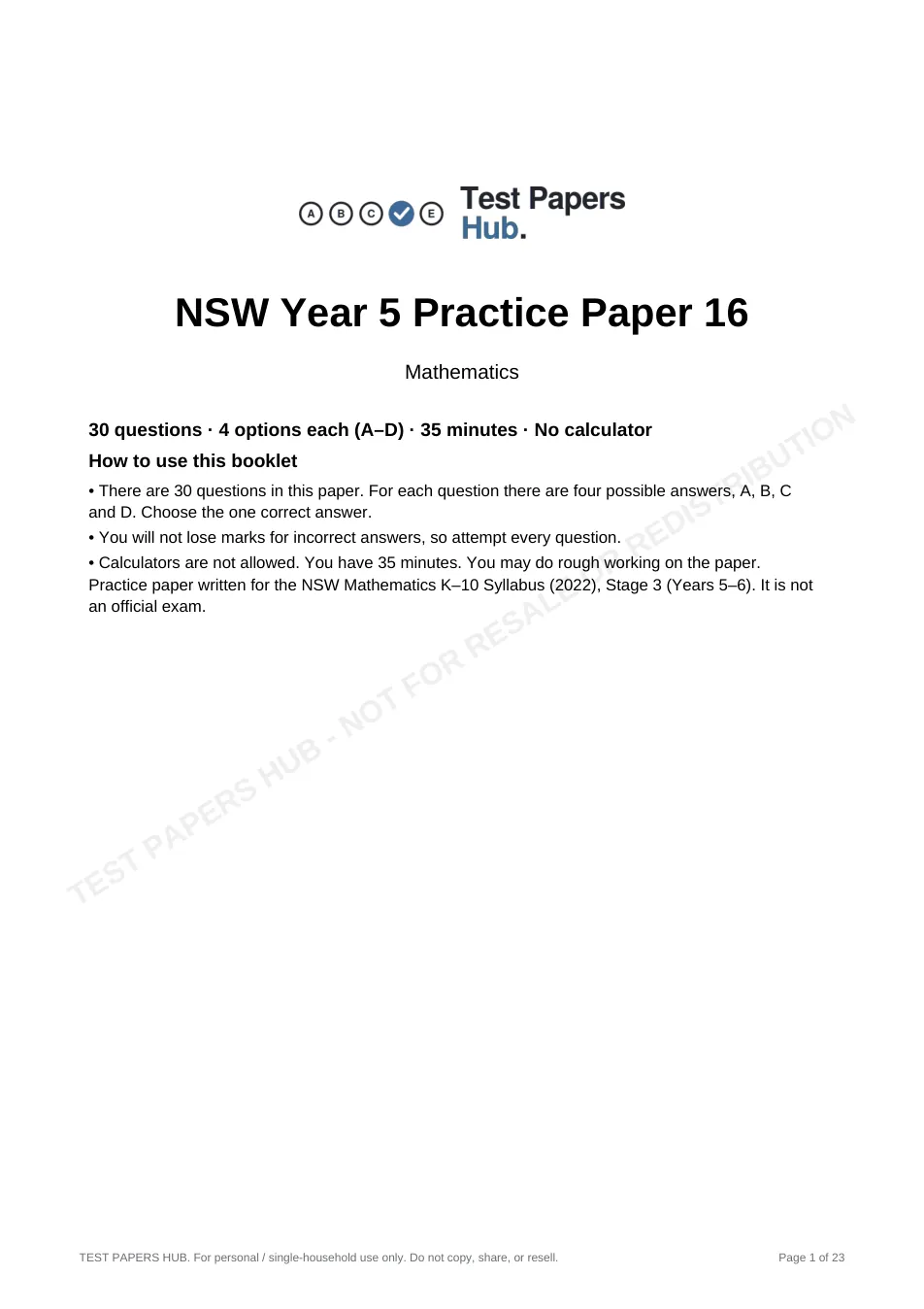 Cover page of NSW Year 5 Maths Practice Paper 16