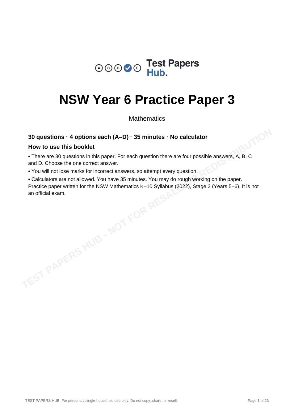 Cover page of NSW Year 6 Maths Practice Paper 3
