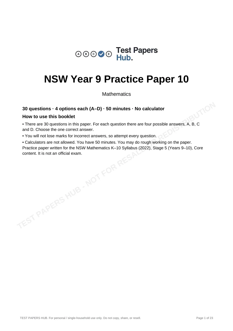 Cover page of NSW Year 9 Maths Practice Paper 10
