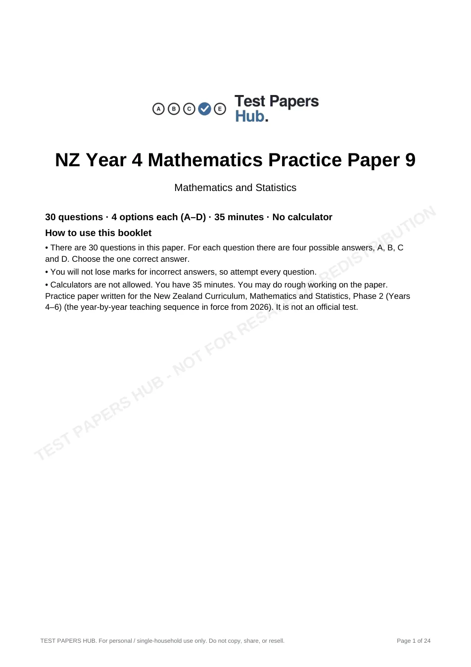 Cover page of NZ Curriculum Year 4 Mathematics Practice Paper 9