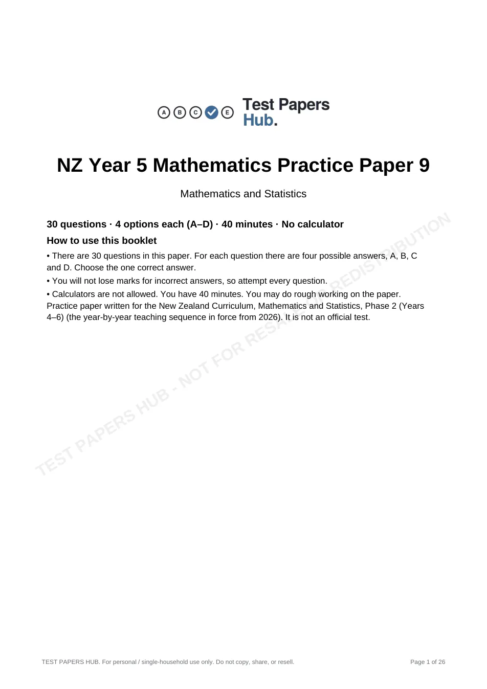 Cover page of NZ Curriculum Year 5 Mathematics Practice Paper 9