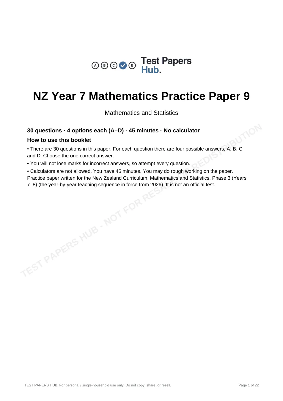 Cover page of NZ Curriculum Year 7 Mathematics Practice Paper 9