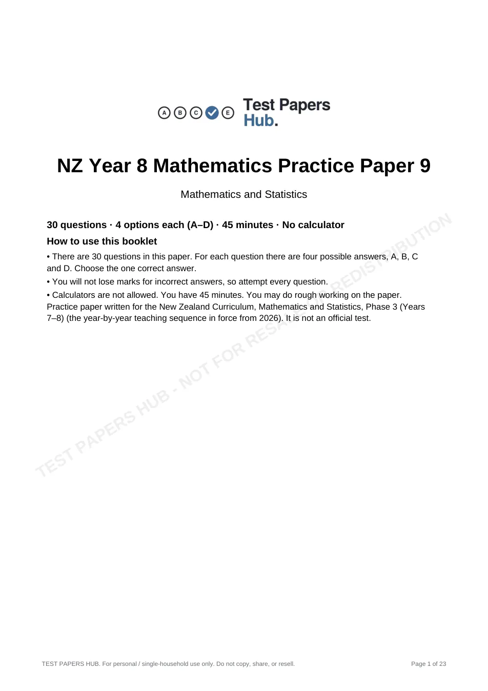 Cover page of NZ Curriculum Year 8 Mathematics Practice Paper 9