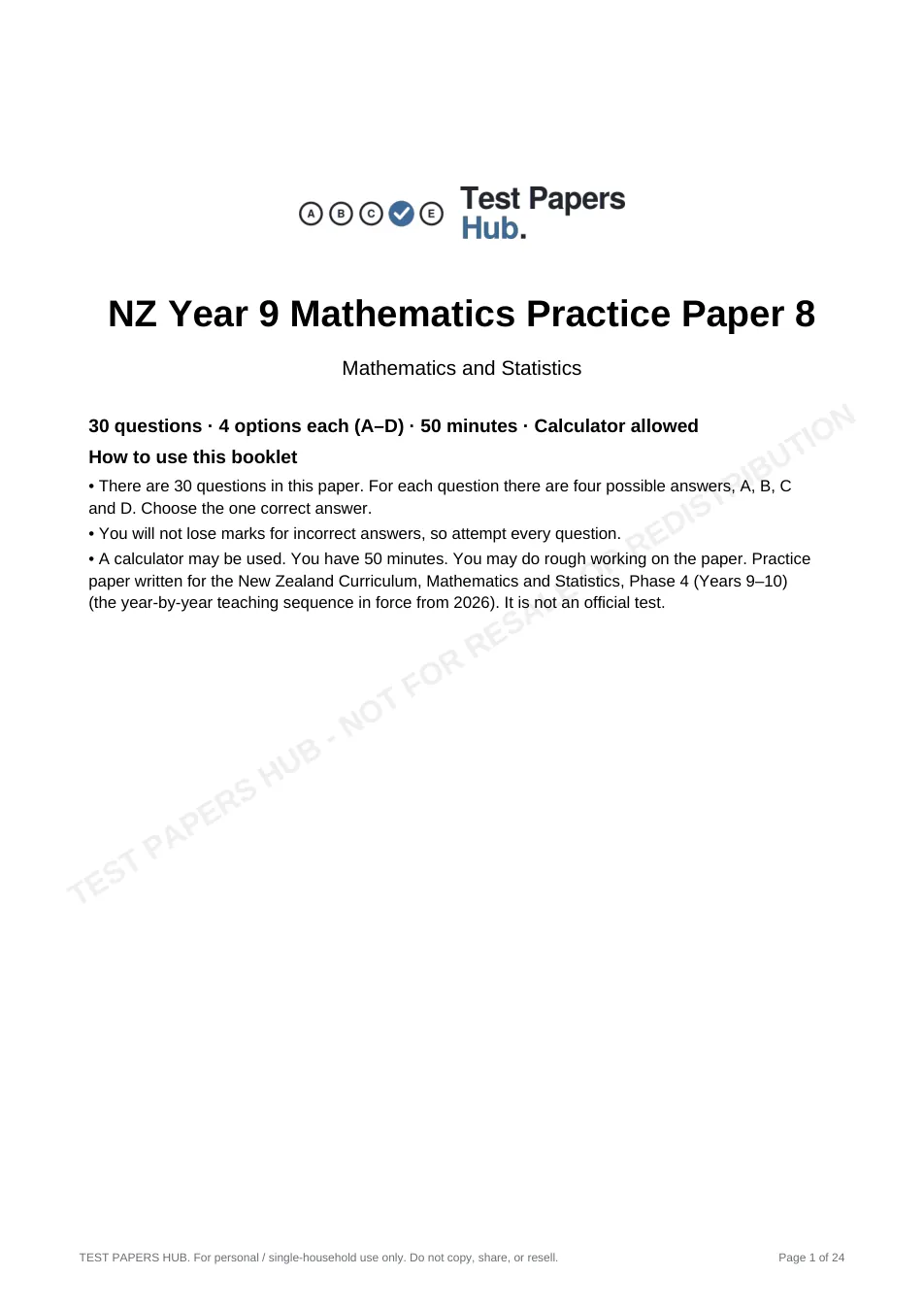 Cover page of NZ Curriculum Year 9 Mathematics Practice Paper 8