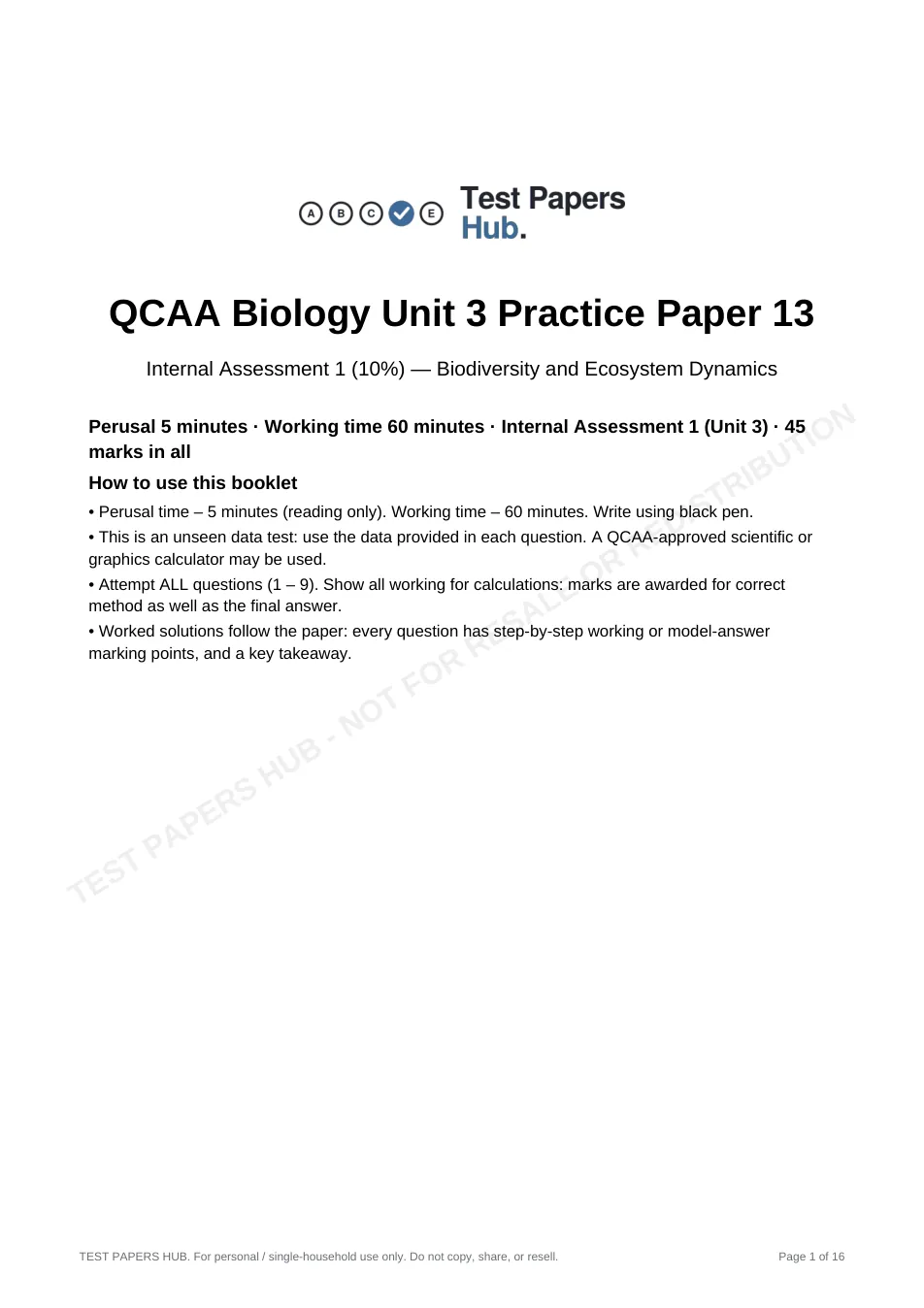 Cover page of QCE Biology IA1 Practice Paper 13