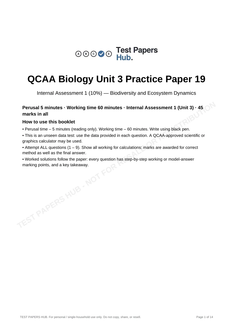 Cover page of QCE Biology IA1 Practice Paper 19