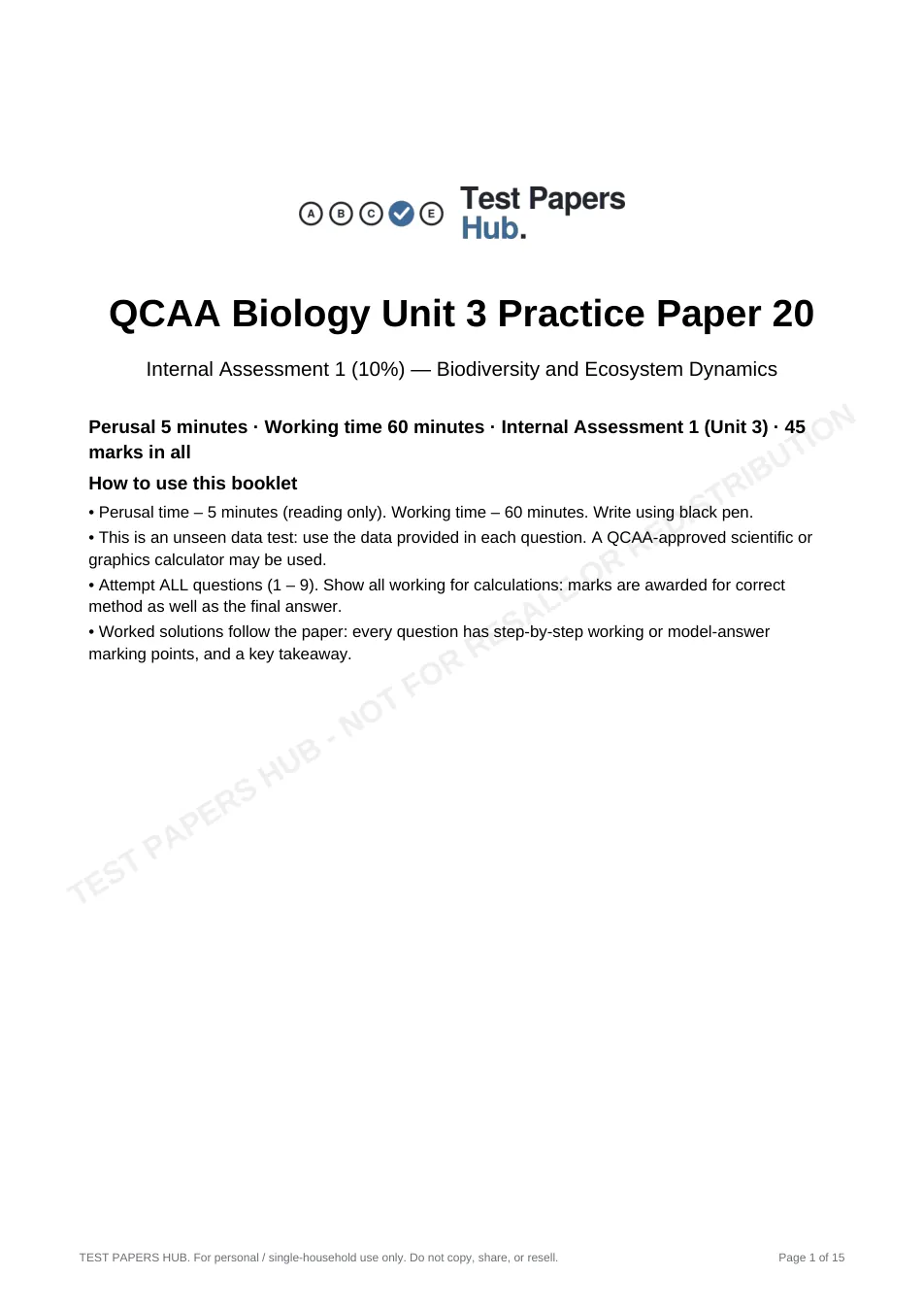 Cover page of QCE Biology IA1 Practice Paper 20