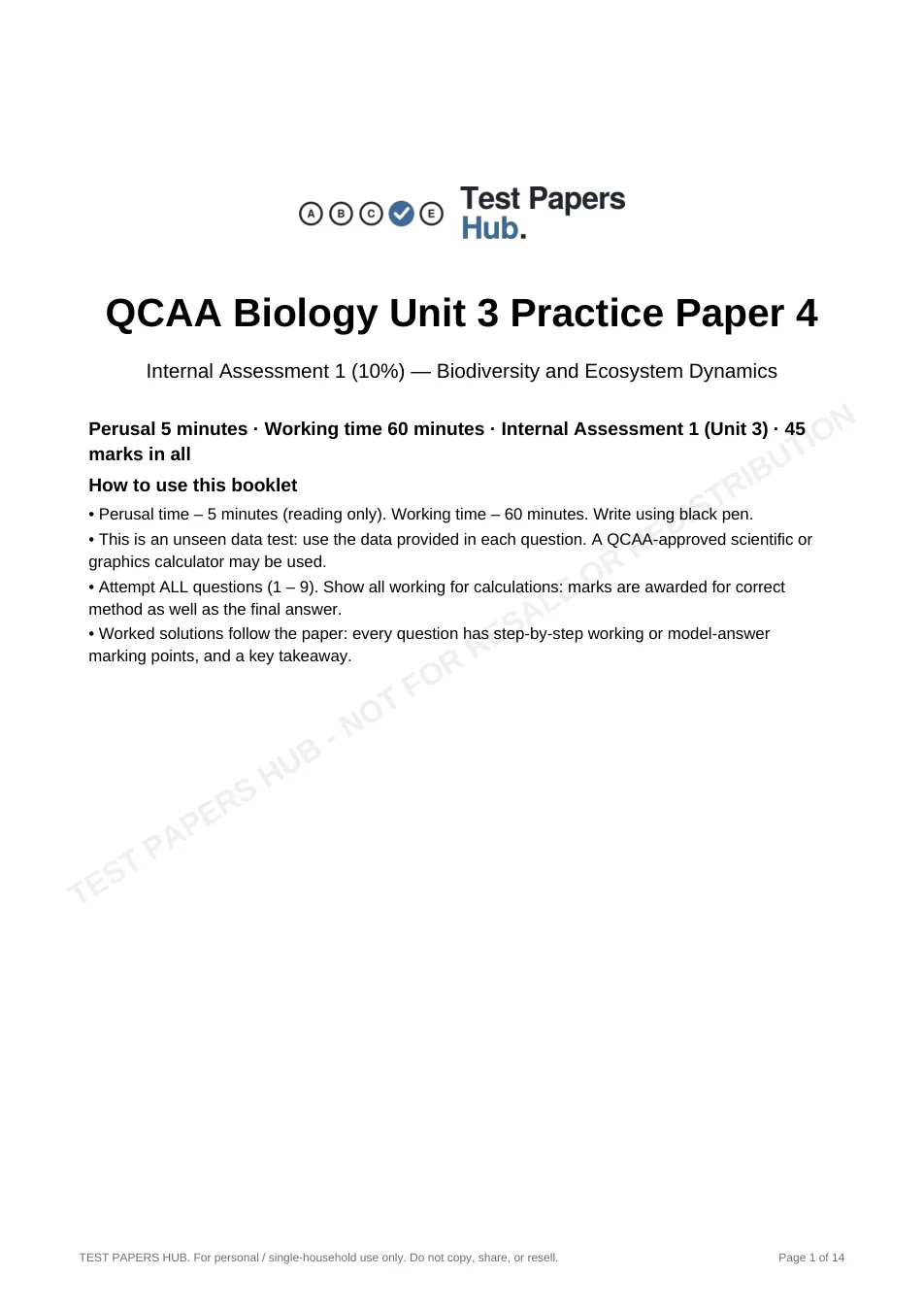Cover page of QCE Biology IA1 Practice Paper 4