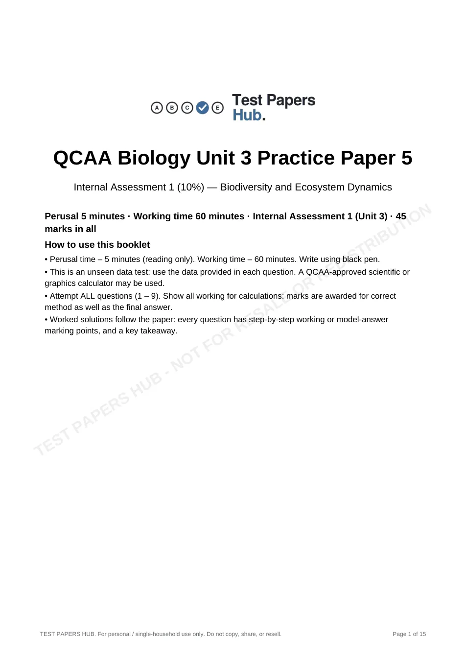 Cover page of QCE Biology IA1 Practice Paper 5