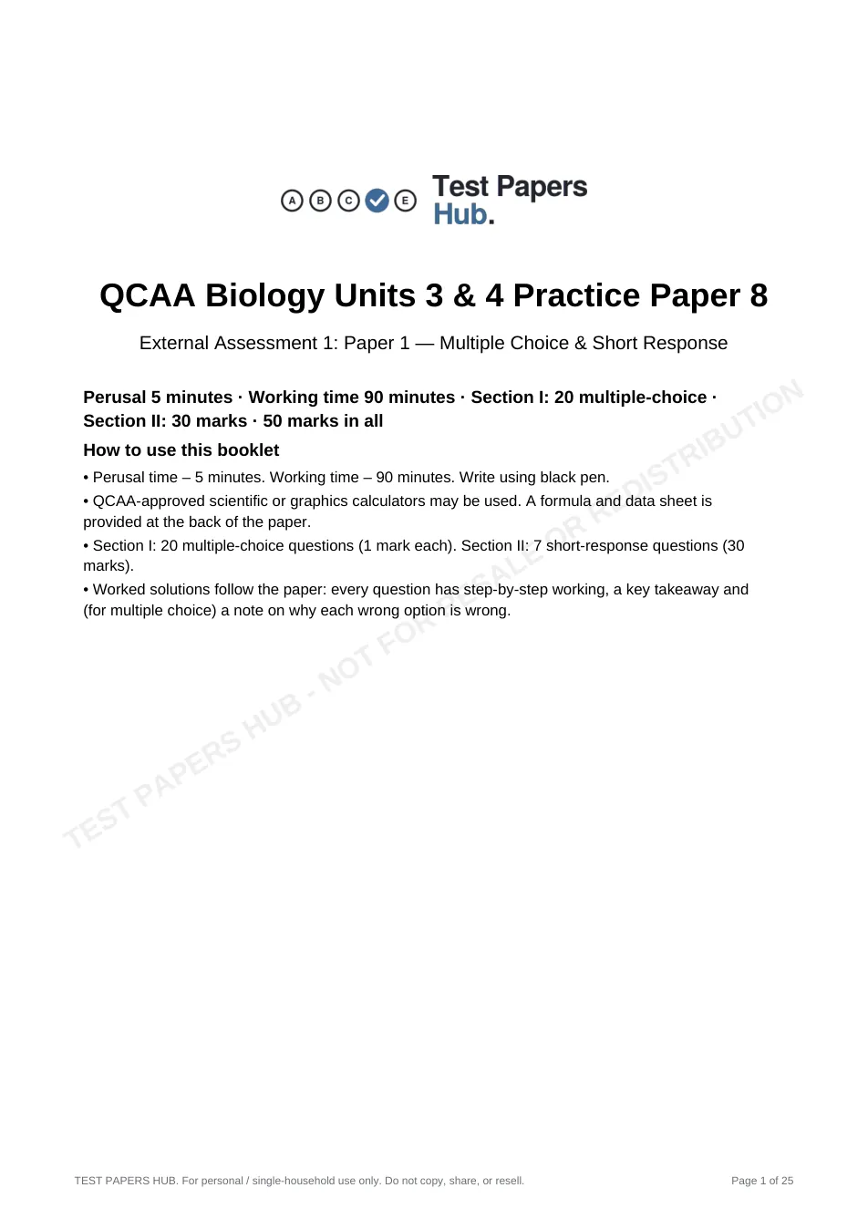 Cover page of QCE Biology Paper 1 Practice Paper 8