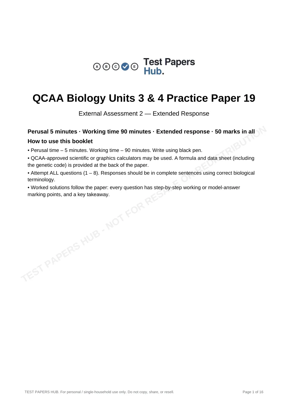 Cover page of QCE Biology Paper 2 Practice Paper 19