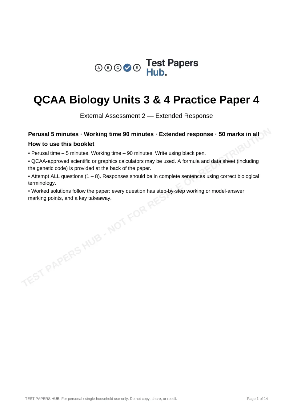 Cover page of QCE Biology Paper 2 Practice Paper 4