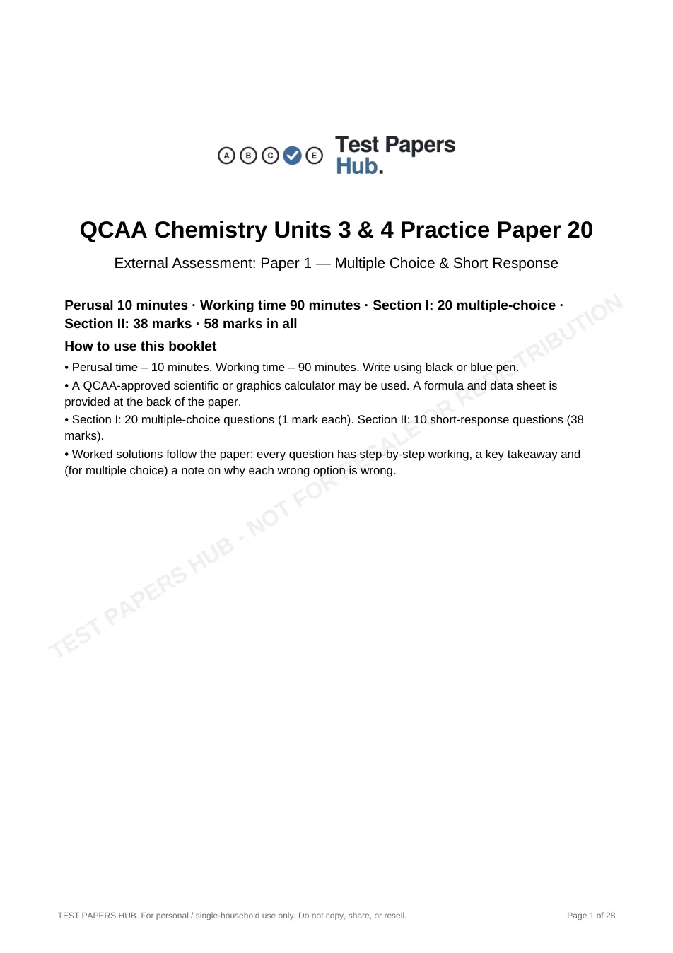 Cover page of QCE Chemistry Paper 1 Practice Paper 20